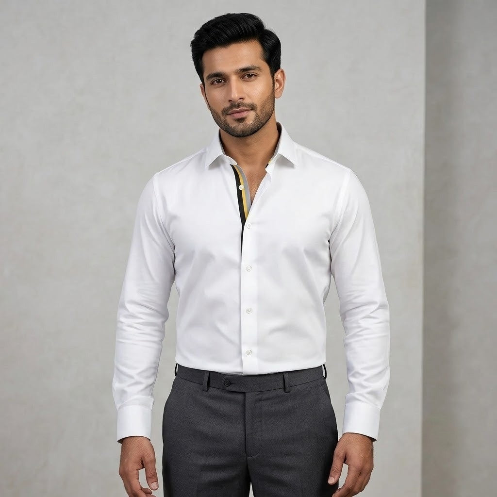 Premium White Shadow Placket Contrast Formal Shirt for Men