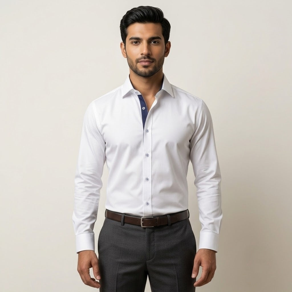 White Formal Shirt with Navy Contrast for Men