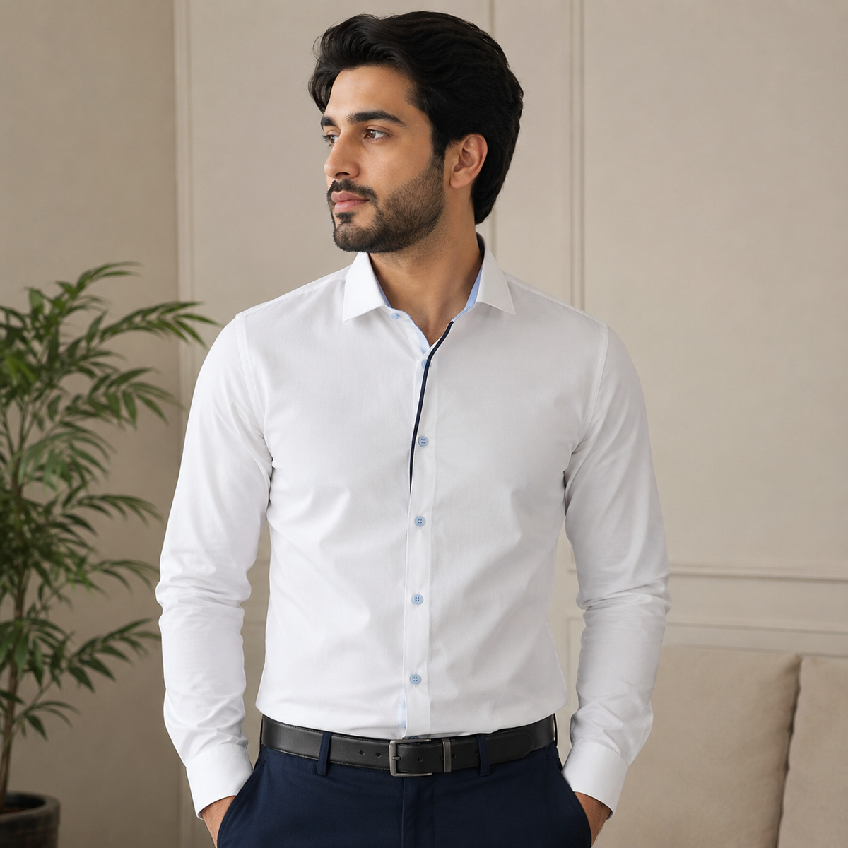 White Contrast Collar Formal Shirt for Men