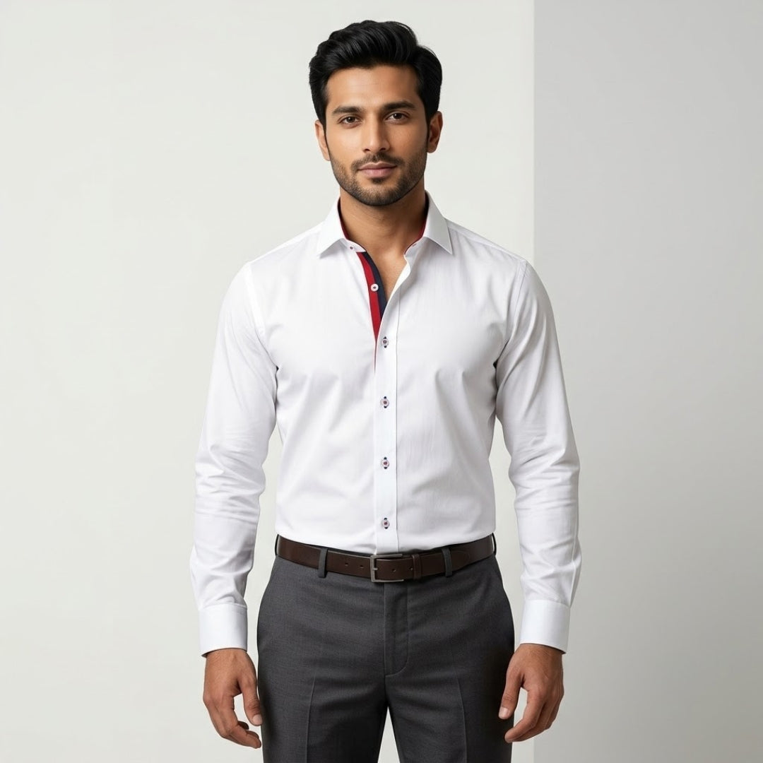 White Formal Shirt for Men with Contrast Placket