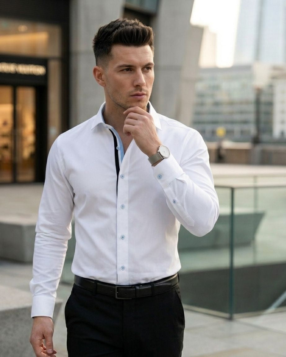 White Executive Shirt with Black & Sky Blue Contrast