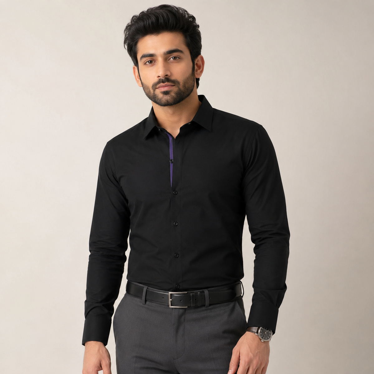 Black Formal Shirt for Men with Purple Placket Contrast
