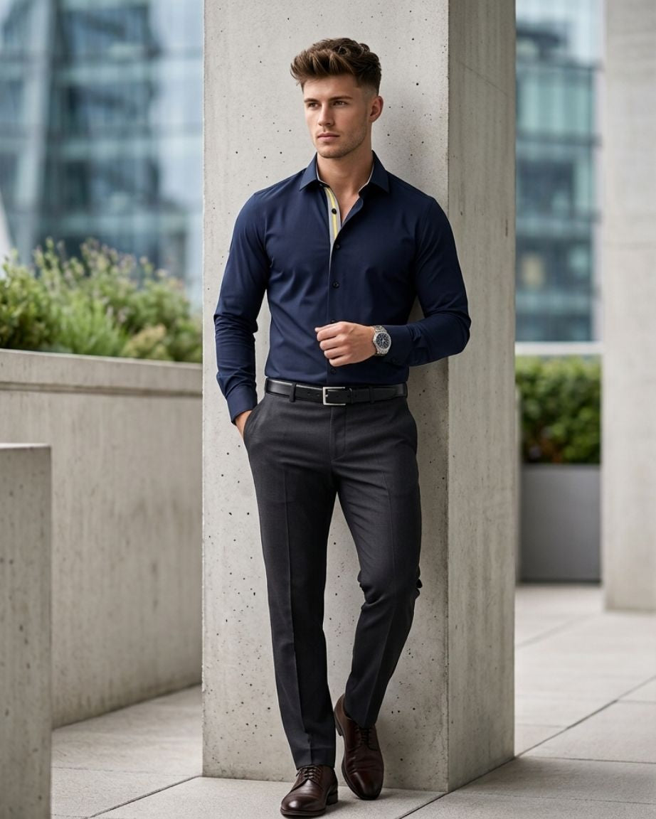 Navy Blue Contrast Placket Formal Shirt