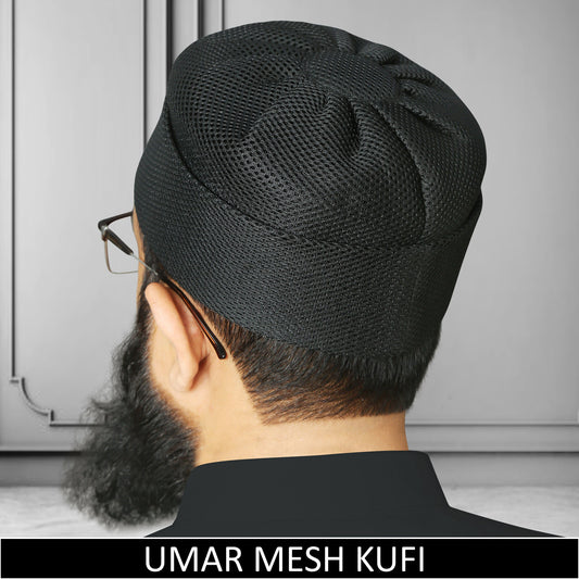 Black Umar Mesh Kufi for Men with Breathable Mesh Design for Everyday Islamic Prayer | Modestile.pk