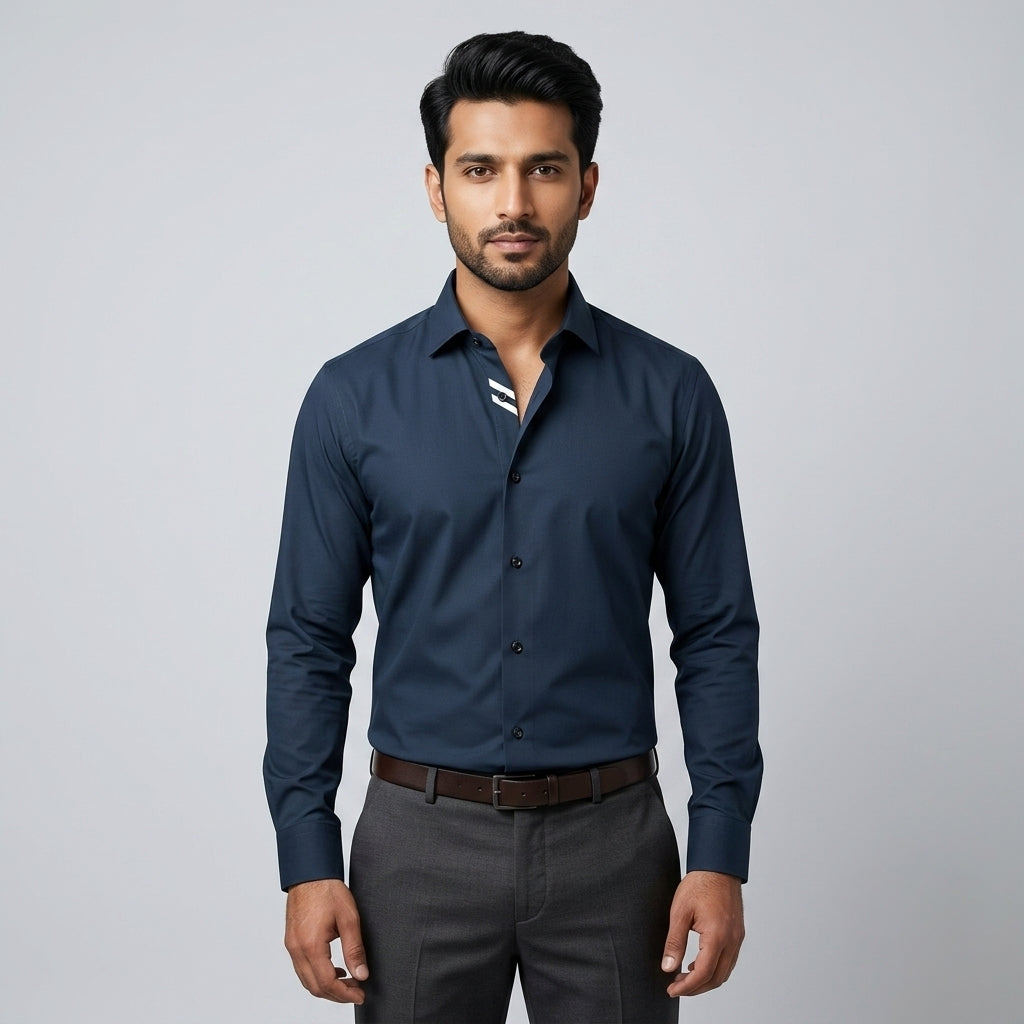 Navy Blue Solid Formal Dress Shirt for Men