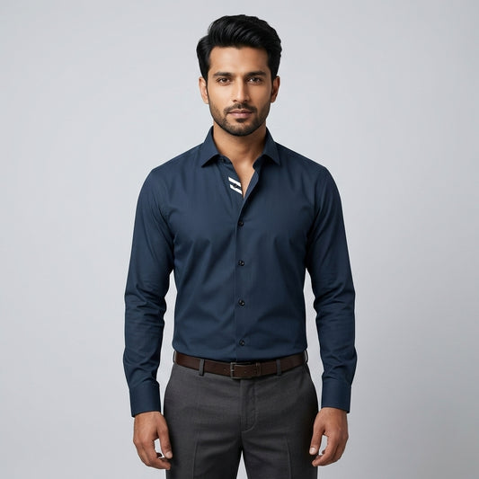 Navy Blue Solid Formal Dress Shirt for Men