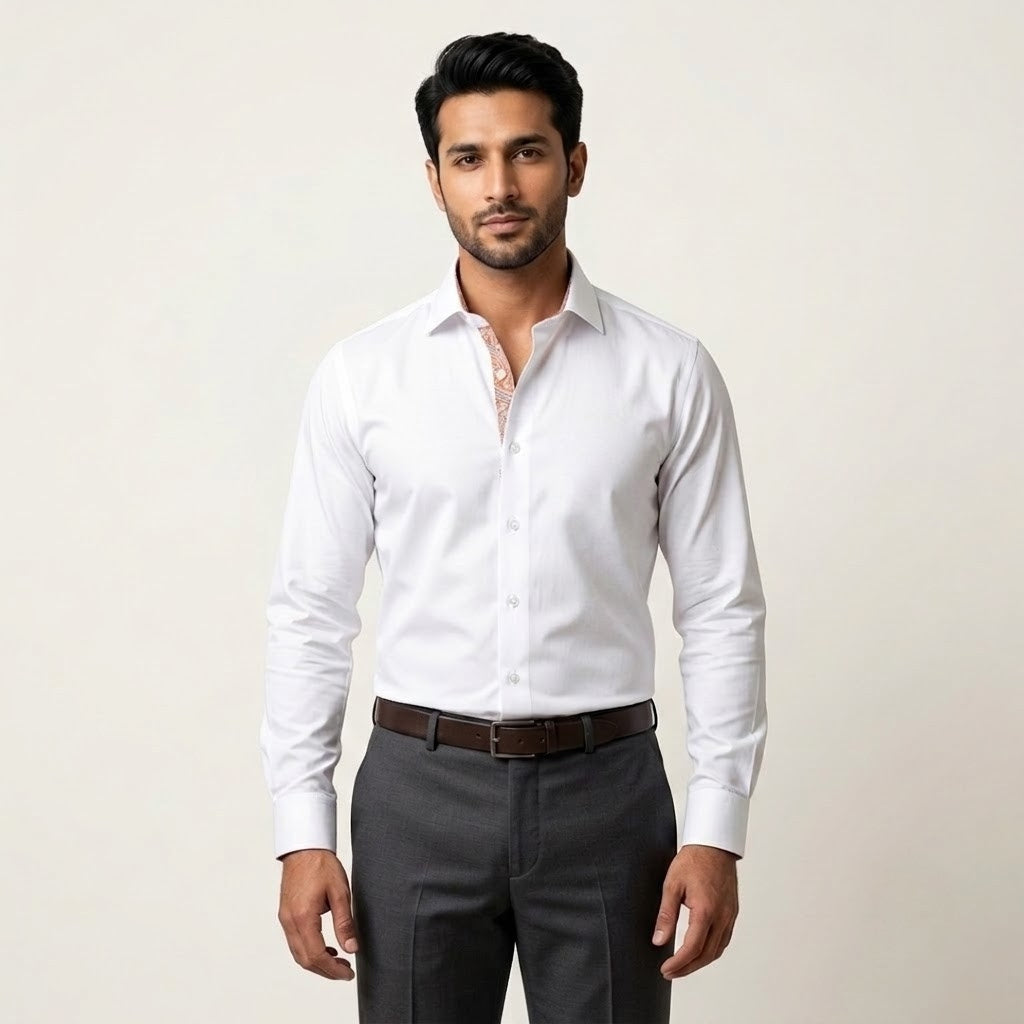 White Formal Shirt for Men with Paisley Contrast Placket