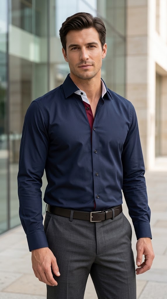 Midnight Navy Blue Formal Shirt with White & Red Contrast Placket