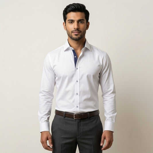 White Formal Shirt with Navy Contrast for Men