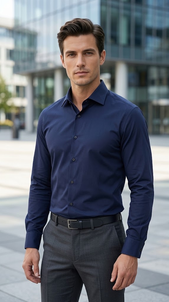 Classic Navy Blue Solid Formal Shirt for Men