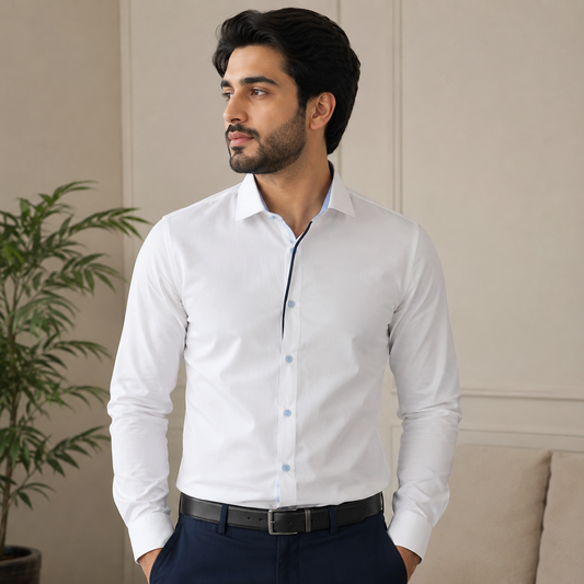 White Contrast Collar Formal Shirt for Men