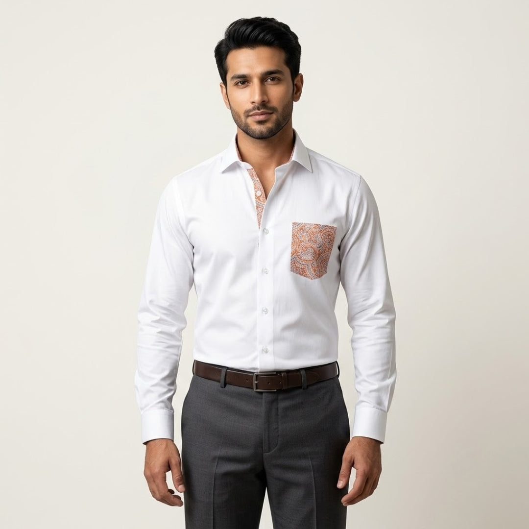 White Formal Shirt for Men with Paisley Contrast Pocket and Placket