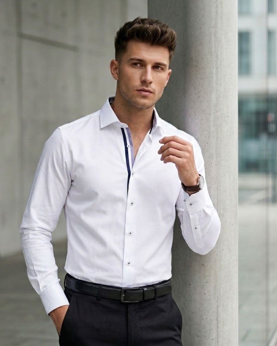 White Contrast Placket Formal Shirt