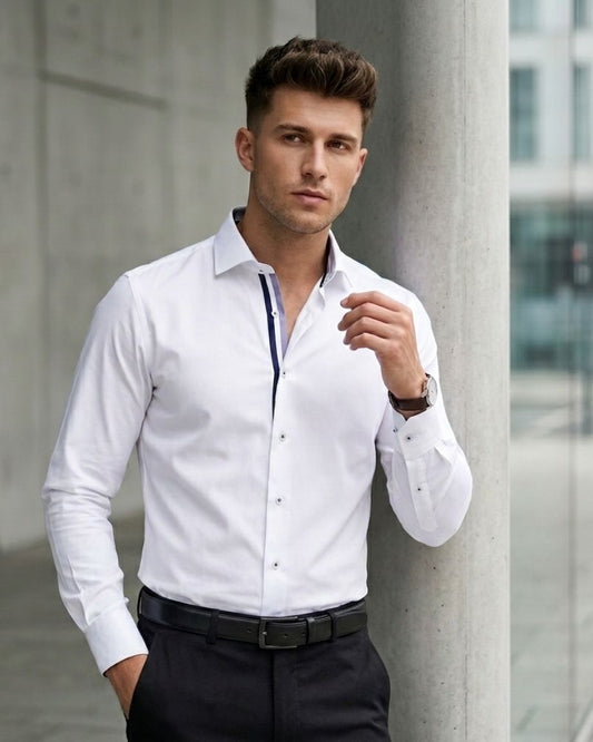 White Contrast Placket Formal Shirt