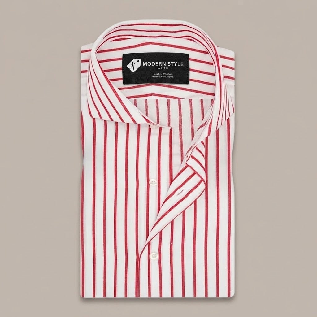 White and Red Vertical Stripes Semi Formal Shirt