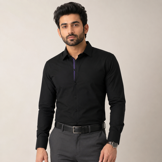 Black Formal Shirt for Men with Purple Placket Contrast