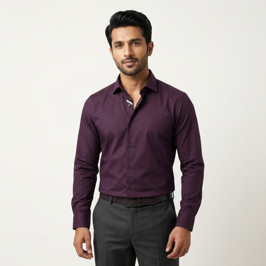 Plum Purple Formal Shirt for Men with Contrast Placket