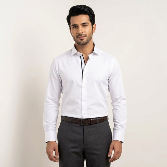 White Formal Shirt for Men with Navy Contrast Placket