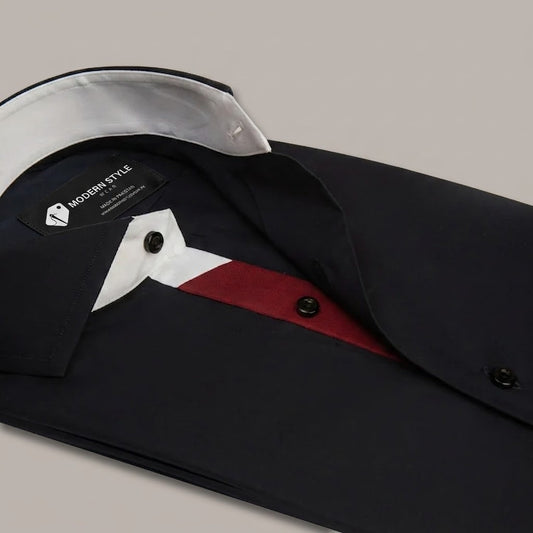 Midnight Navy Blue Formal Shirt with White & Red Contrast Placket