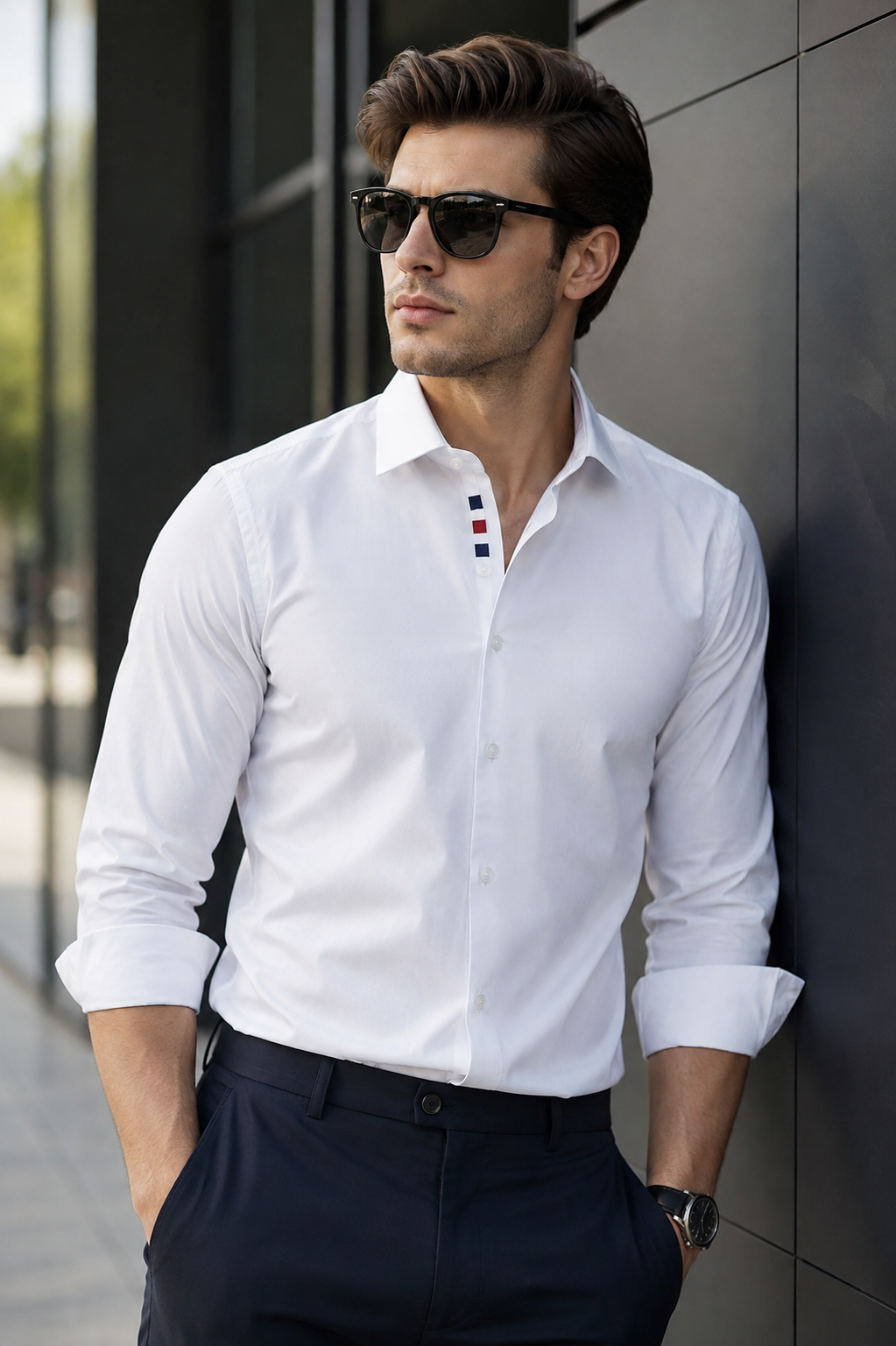 White Formal Shirt for Men with Red and Navy Placket