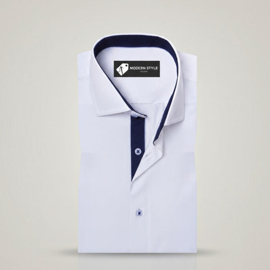 White Formal Shirt with Navy Contrast for Men