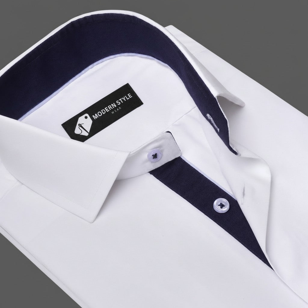 White Formal Shirt with Navy Contrast for Men
