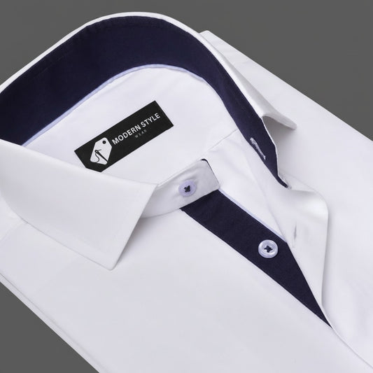 White Formal Shirt with Navy Contrast for Men