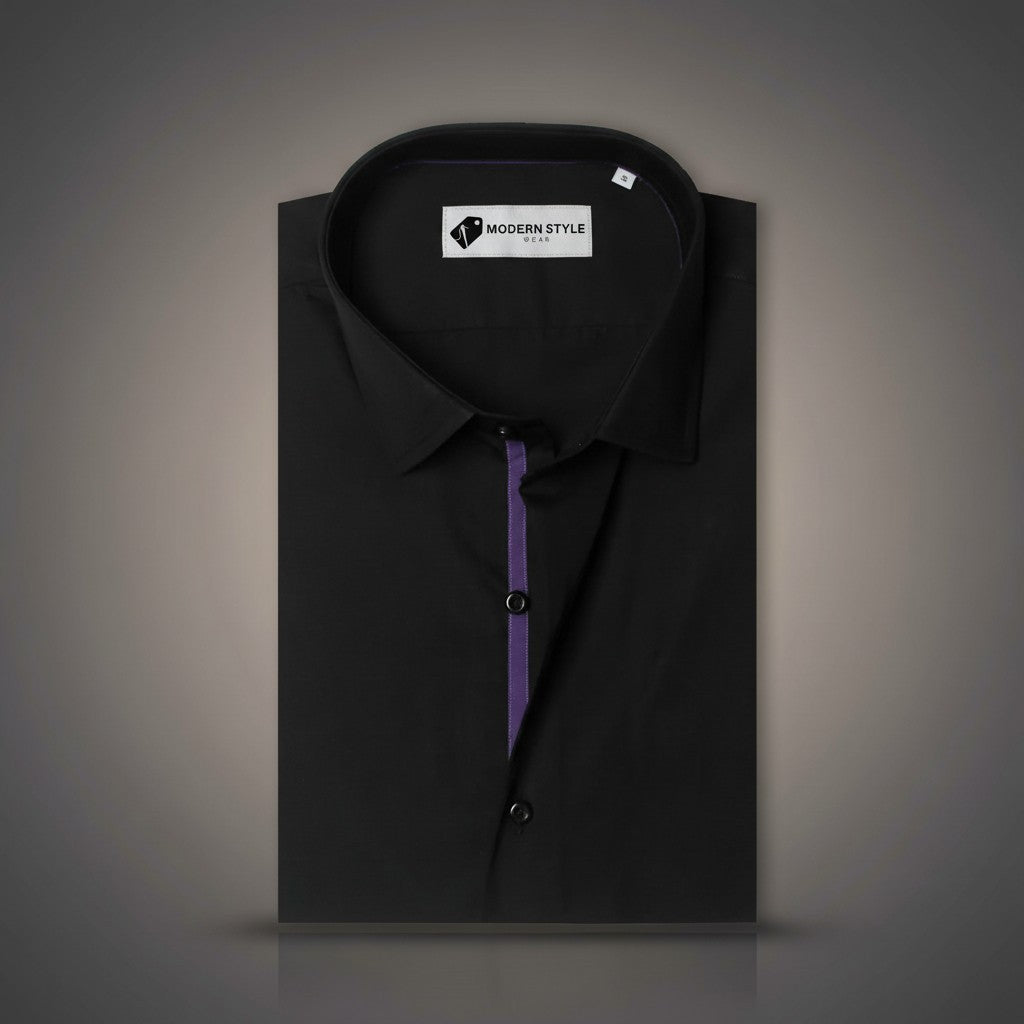 Black Formal Shirt for Men with Purple Placket Contrast
