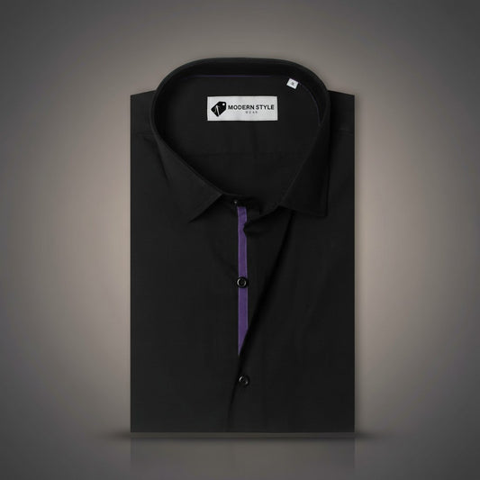 Black Formal Shirt for Men with Purple Placket Contrast