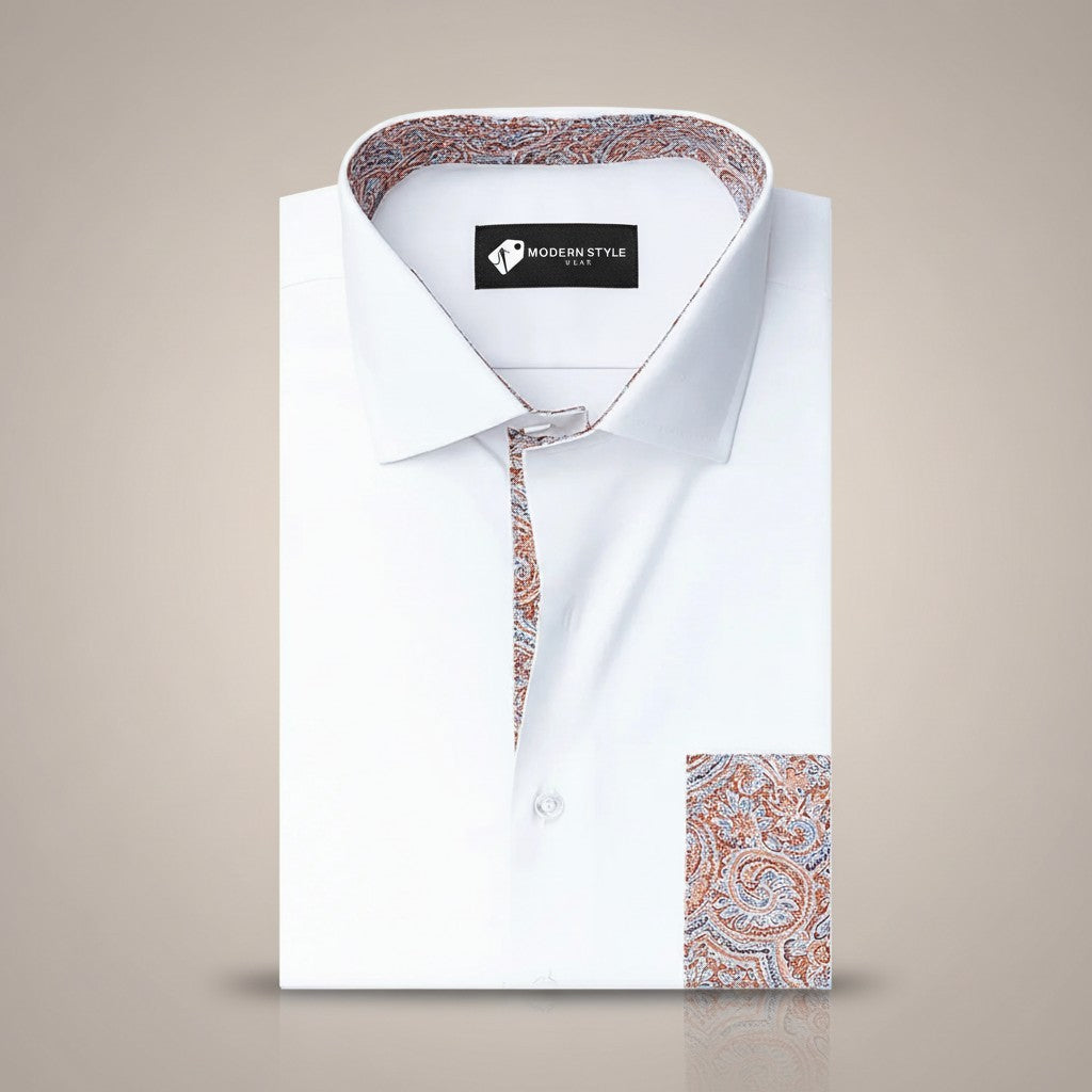 White Formal Shirt for Men with Paisley Contrast Pocket and Placket