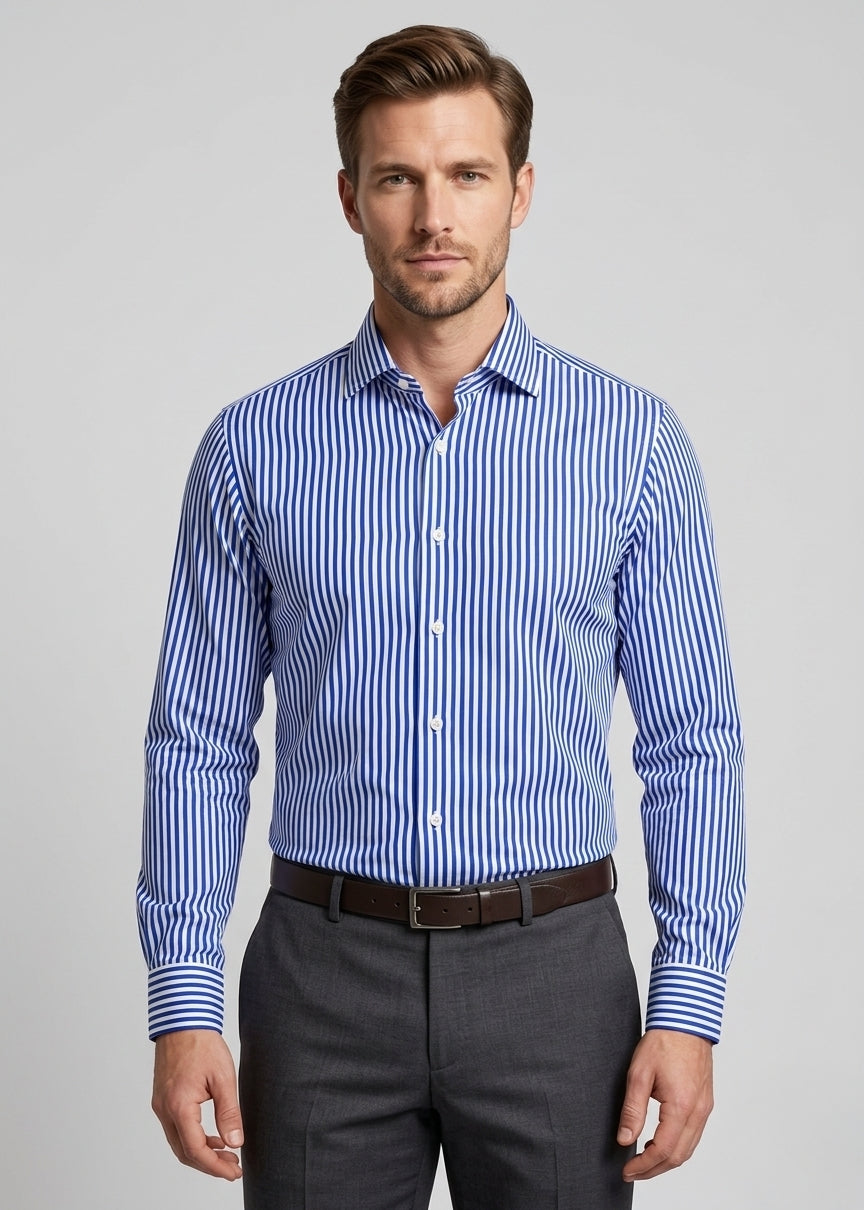 Blue & White Vertical Striped Semi Formal Shirt
