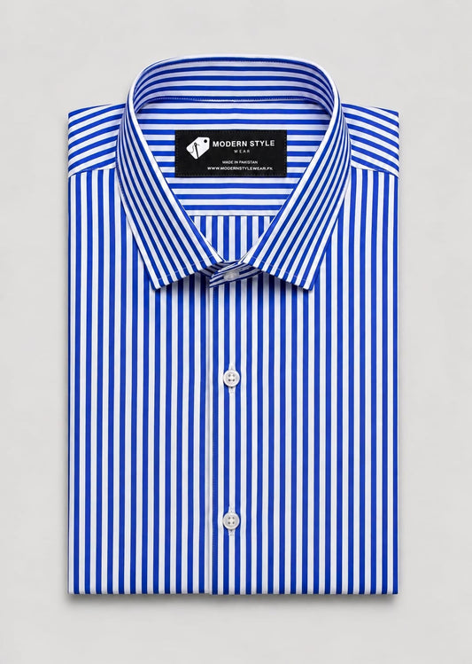 Blue & White Vertical Striped Semi Formal Shirt