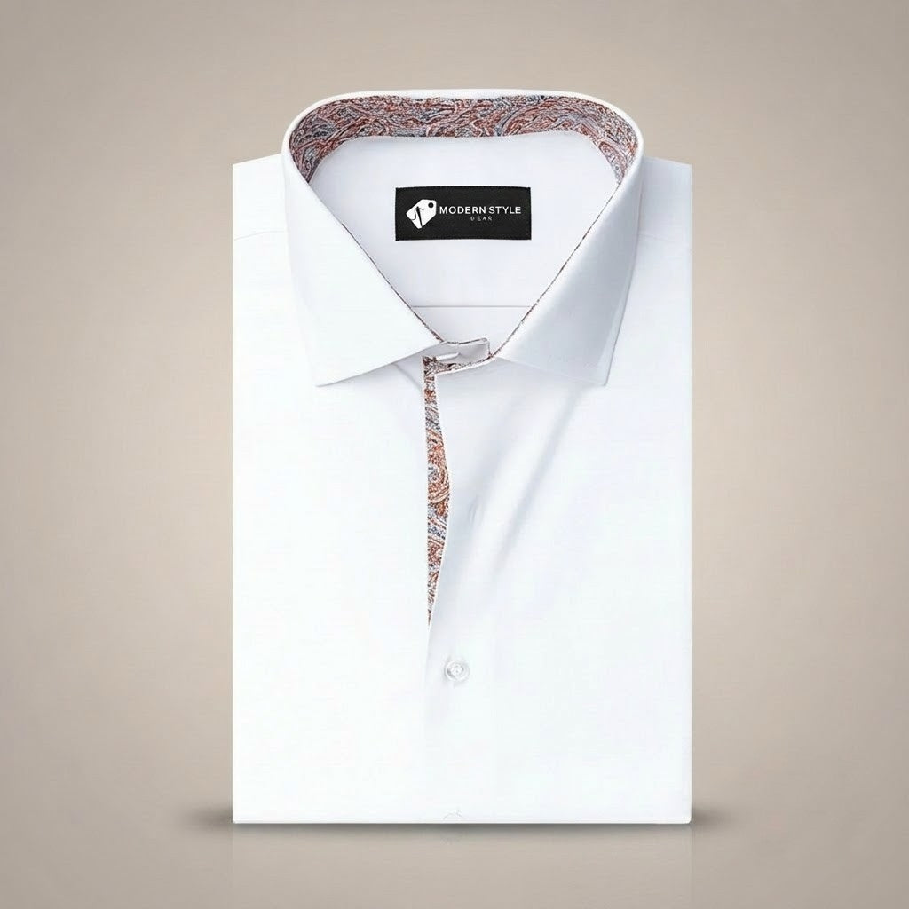 White Formal Shirt for Men with Paisley Contrast Placket