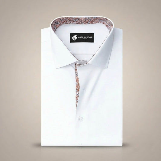 White Formal Shirt for Men with Paisley Contrast Placket